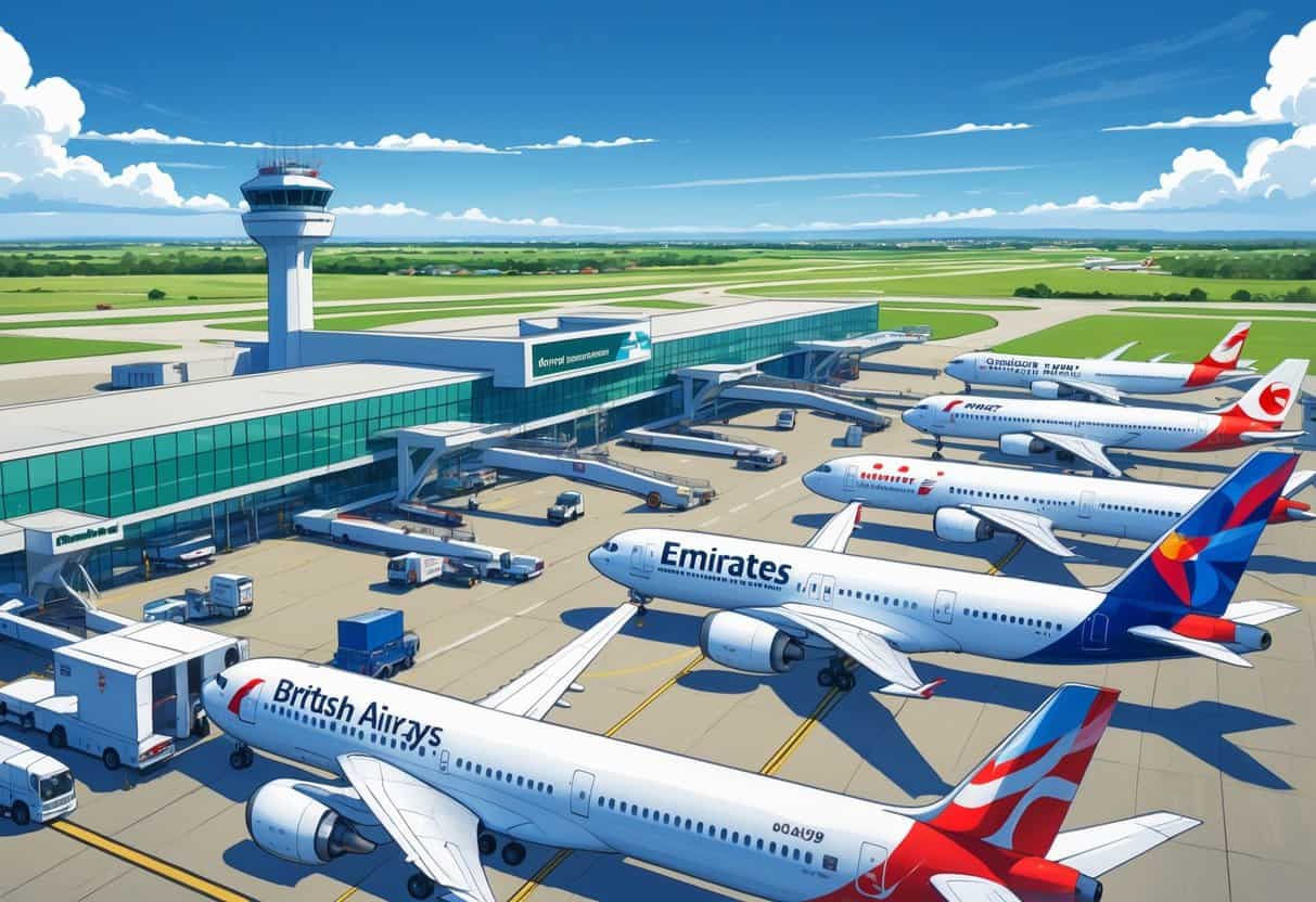 Airport terminal with multiple international airplanes from different airlines parked at gates, airport vehicles in motion, and a clear sky above.