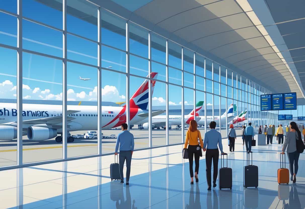 Interior of an international airport terminal with airplanes from various global airlines visible outside and passengers walking inside.