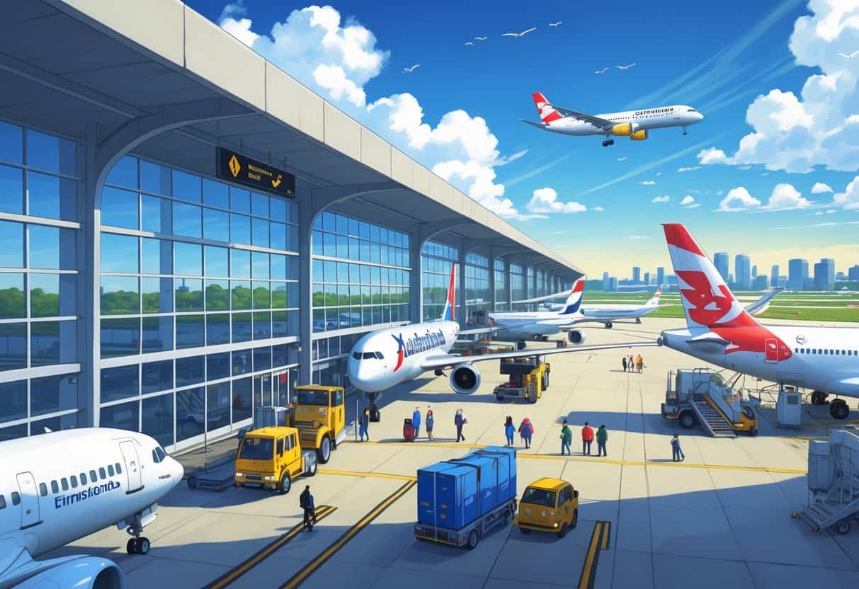 A busy Columbus Ohio Airport with airplanes from various international airlines parked at gates, passengers walking with luggage, and airport vehicles on the tarmac.