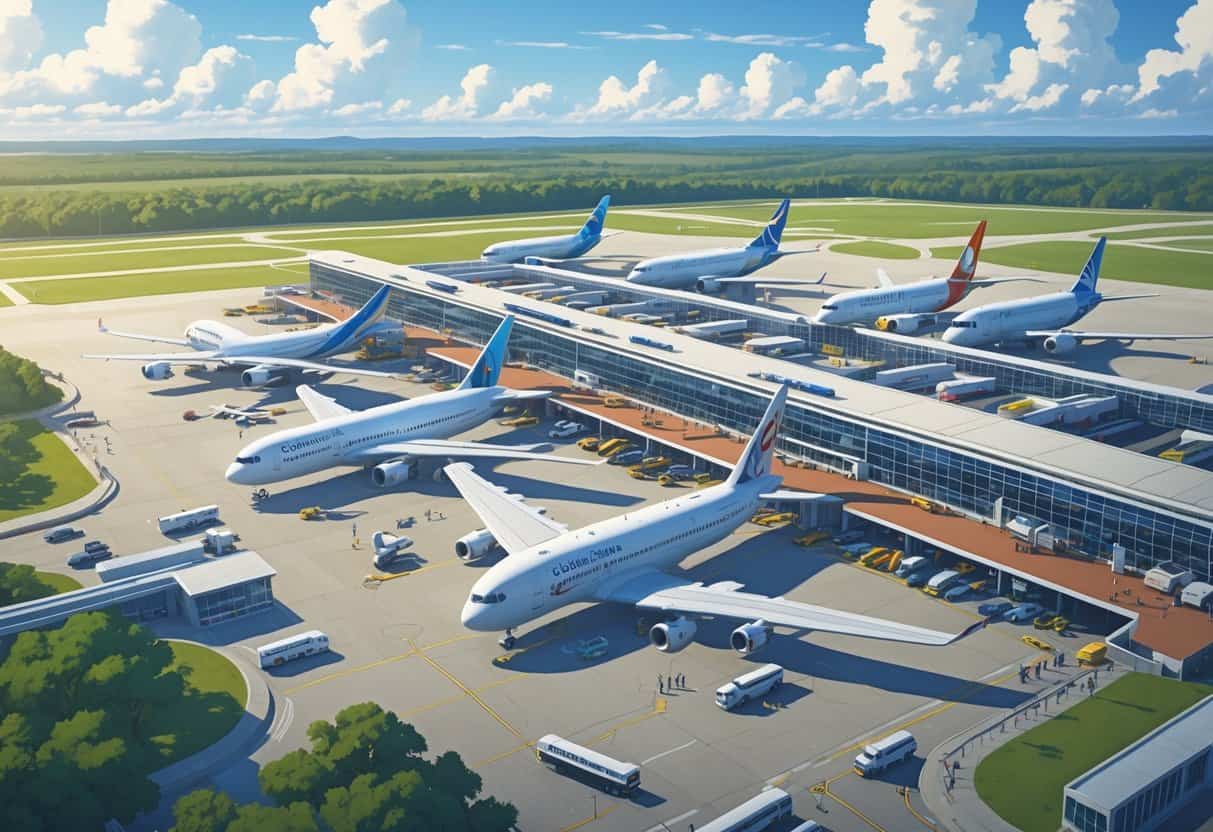 Overview of multiple international airplanes parked at Columbia Metropolitan Airport with airport terminal and ground activity visible.