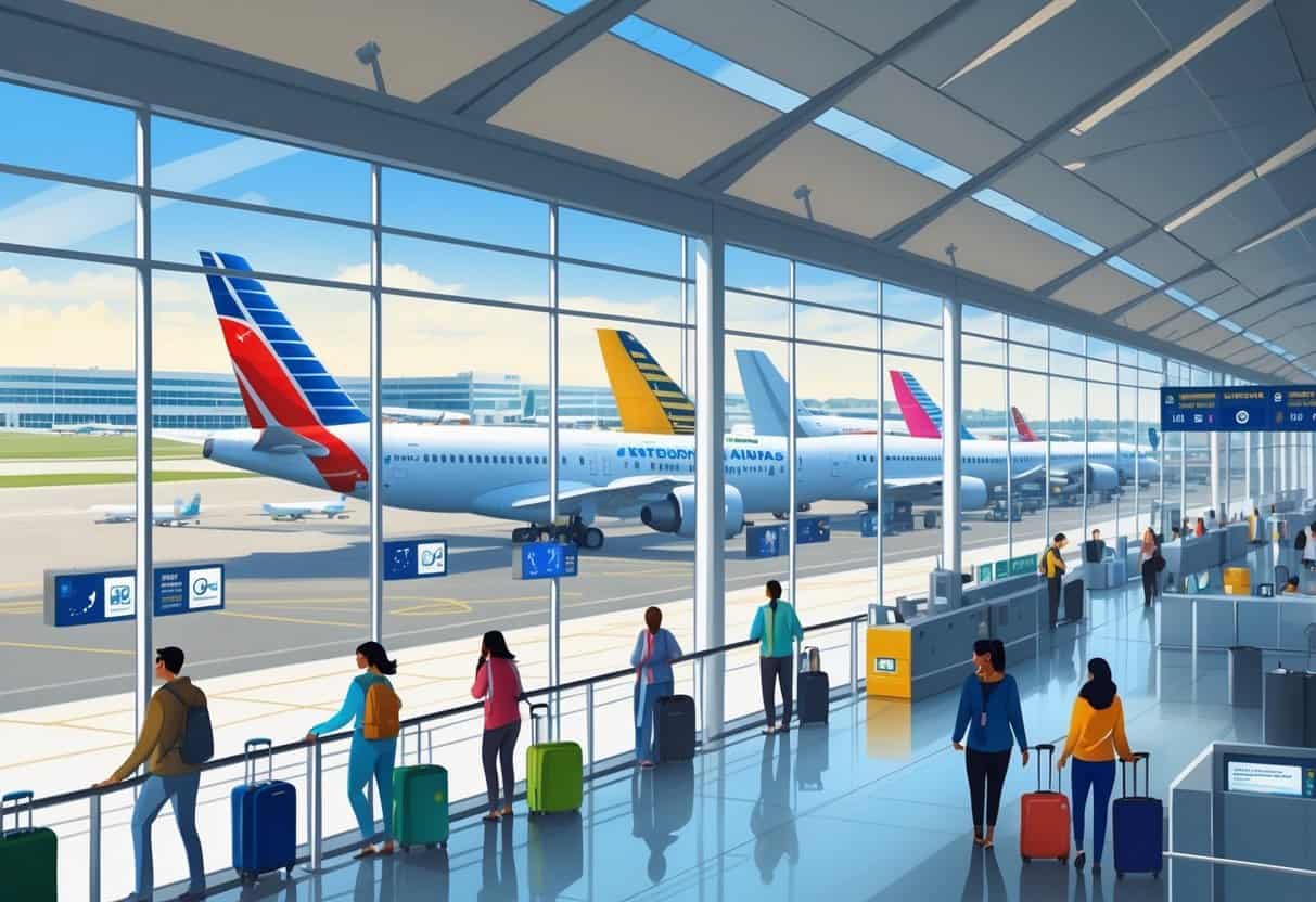A busy international airport terminal at Columbus Ohio Airport with airplanes from multiple airlines outside and travelers inside moving through the terminal.