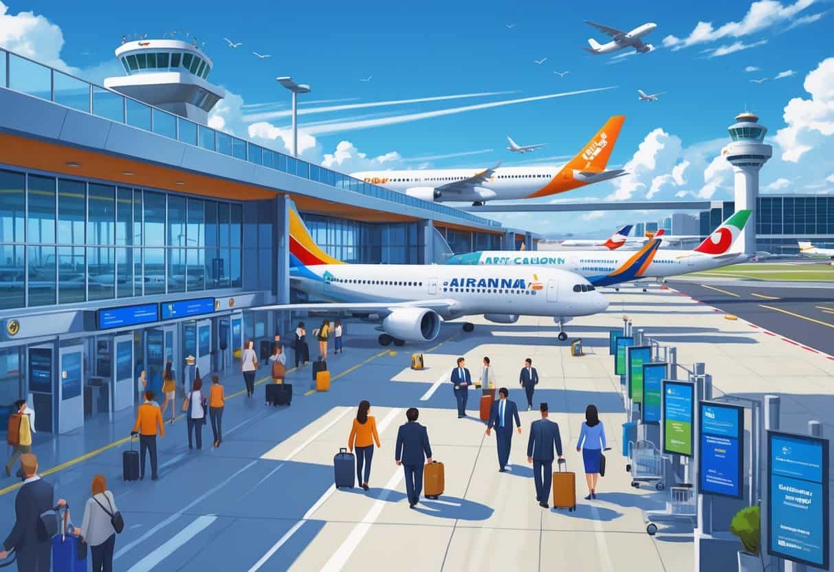 A busy airport terminal with airplanes from various international airlines parked at gates, passengers walking with luggage, and airport staff assisting travelers under a clear sky.