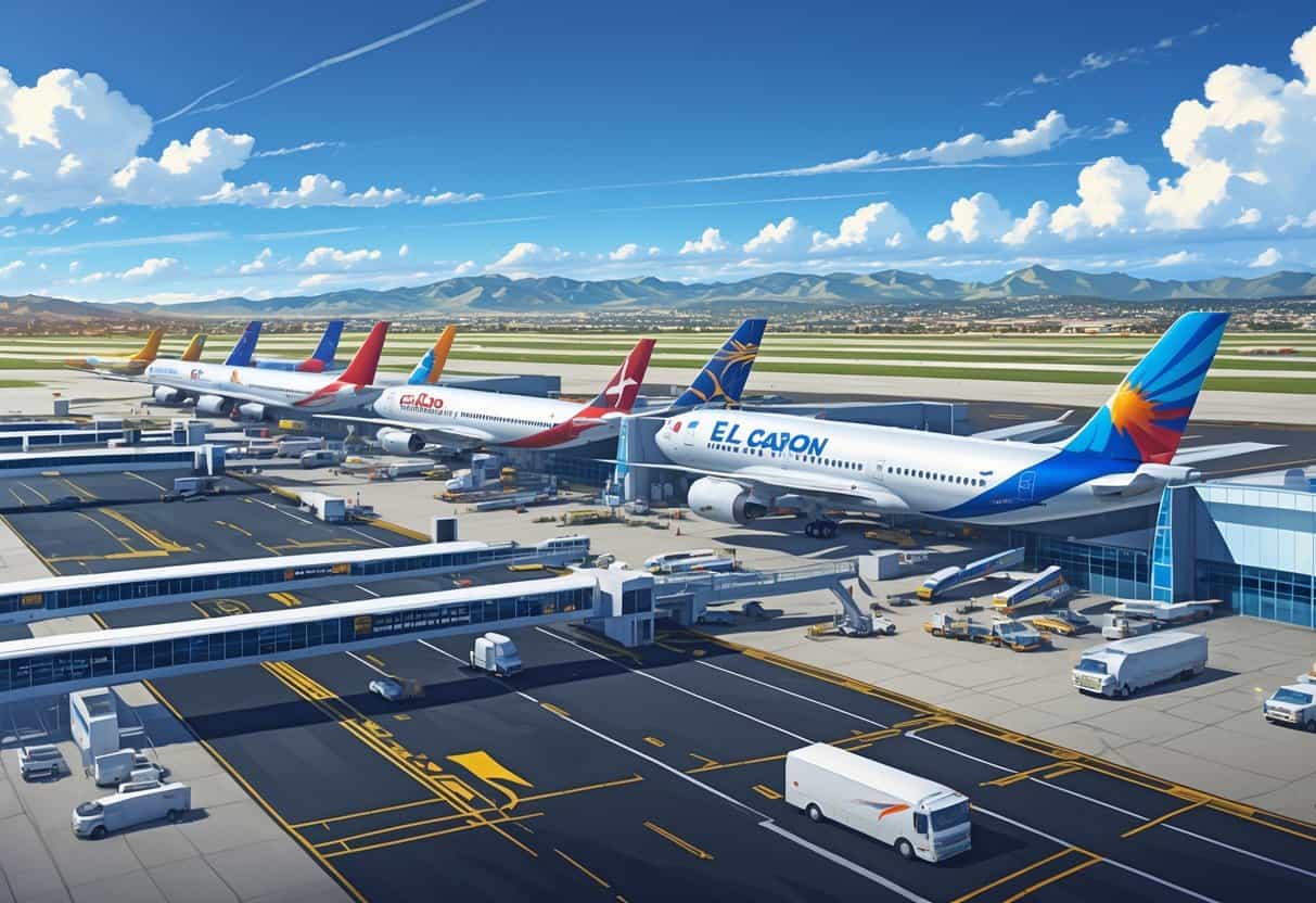 Overview of an airport terminal with several international airplanes parked at gates, ground vehicles around them, and hills in the background under a clear sky.