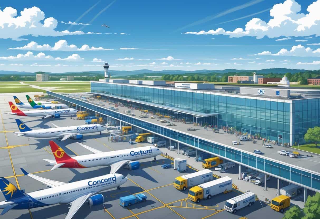 A busy international airport terminal with airplanes from different airlines parked at gates, travelers and staff moving around, and airport vehicles on the tarmac under a clear sky.