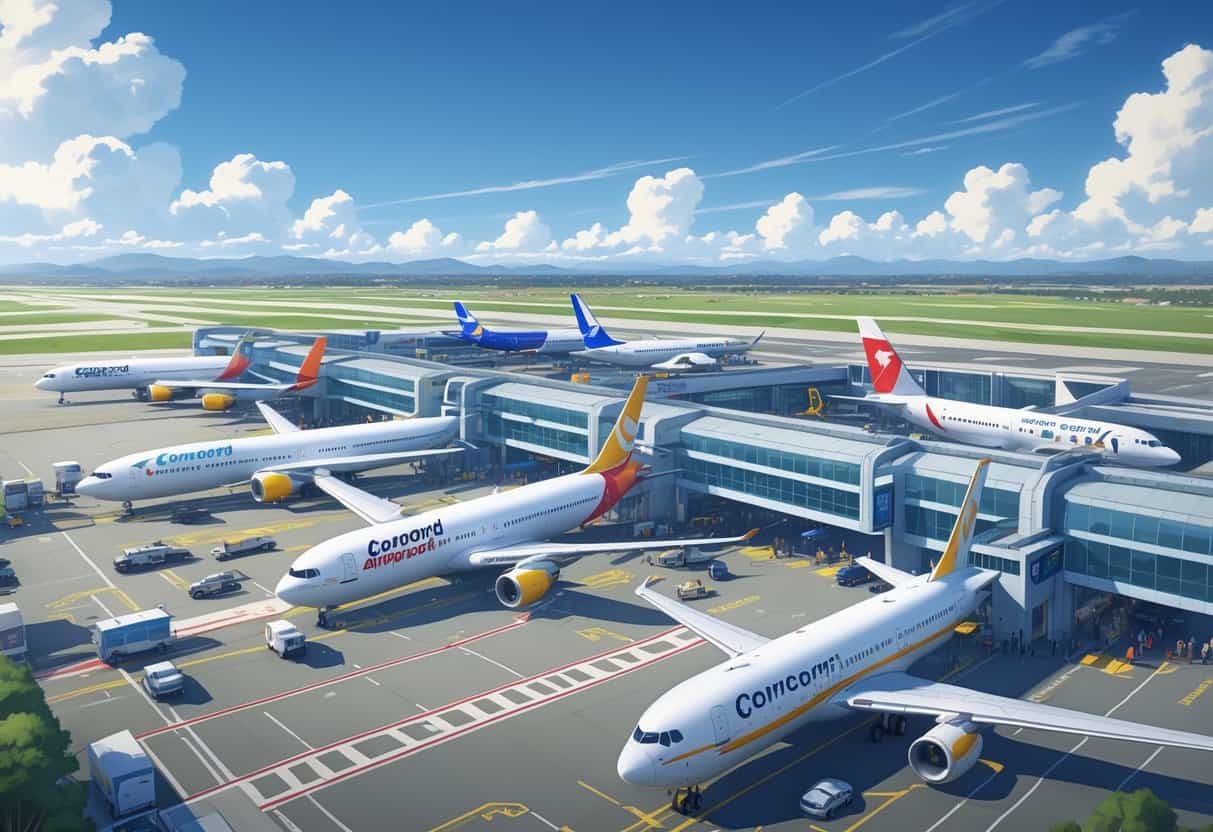 A busy airport terminal at Concord California with several large airplanes from international airlines parked at gates and passengers moving around.