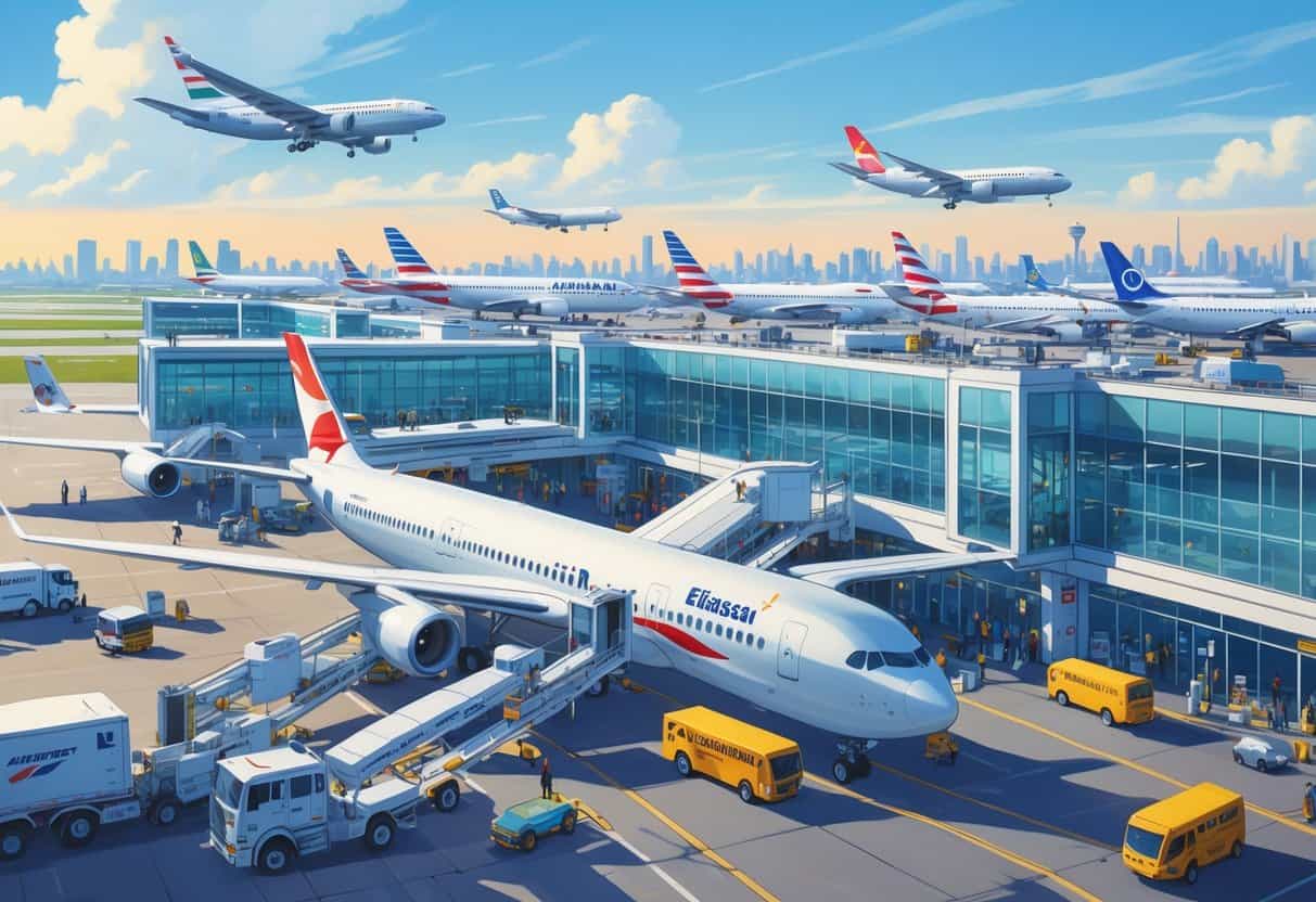 Busy international airport terminal at Elizabeth New Jersey with multiple airplanes parked at gates and passengers moving around.