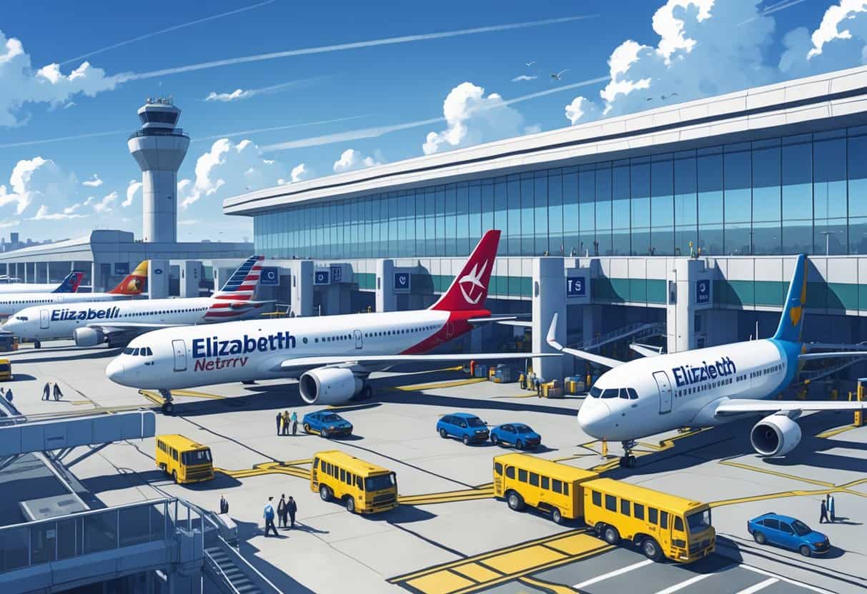 A busy international airport terminal with airplanes from multiple airlines parked at gates, passengers moving through the terminal, and airport vehicles operating on the tarmac during daytime.