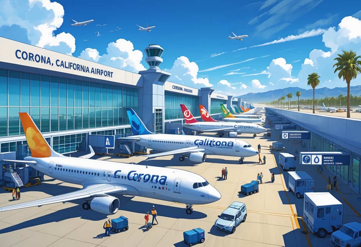 A busy international airport terminal at Corona, California with airplanes from various airlines parked at gates, passengers moving around, and airport staff and vehicles visible.