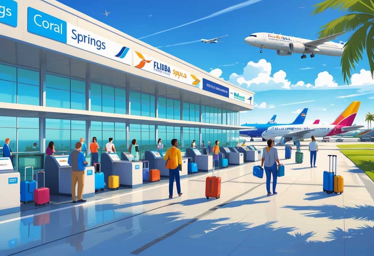 Airport terminal at Coral Springs Florida with international airplanes on the runway and diverse passengers inside the terminal.