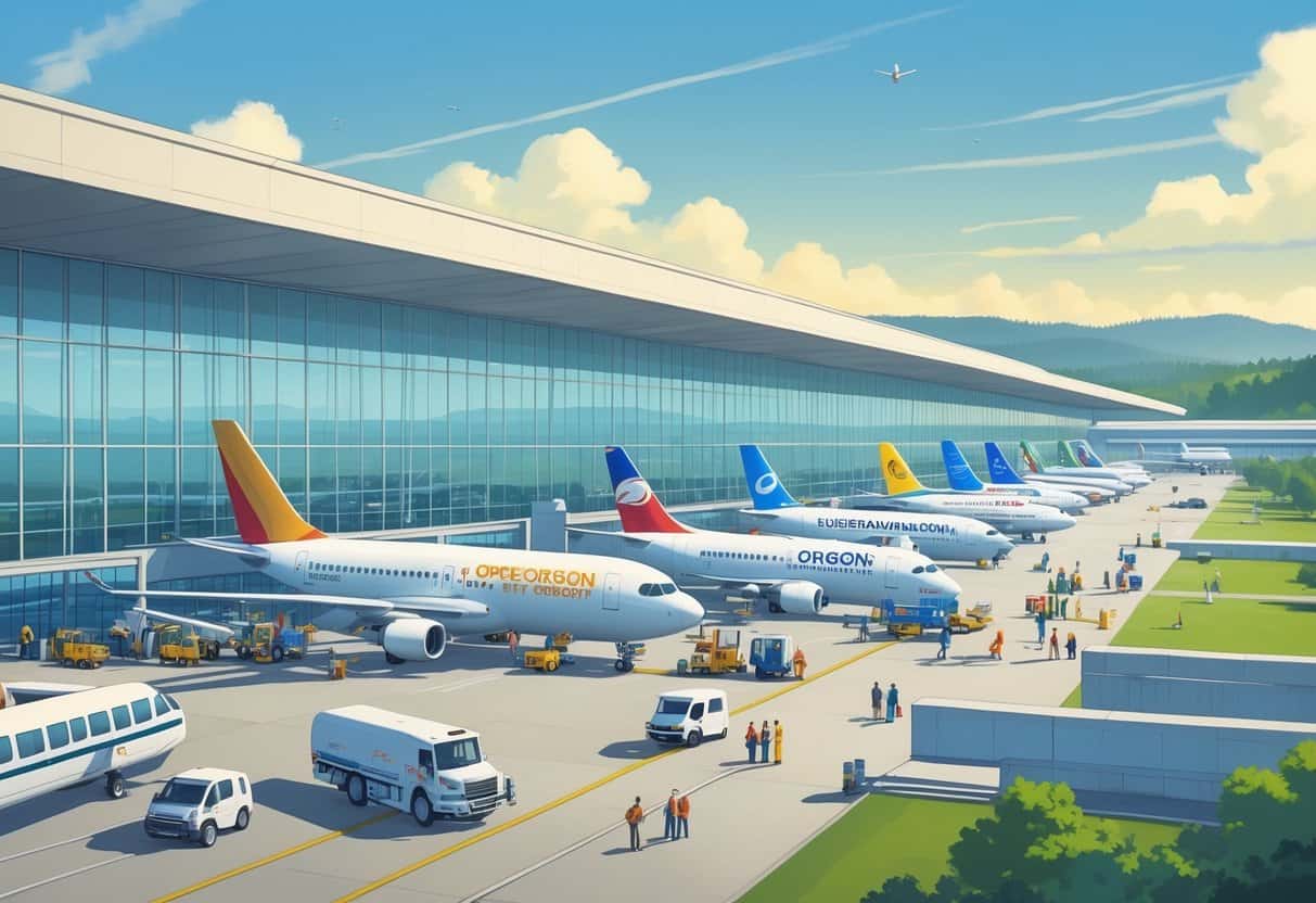 A busy airport terminal with airplanes from various international airlines parked at gates and travelers moving through the terminal.