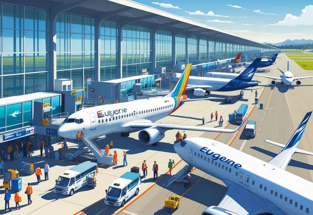 A busy airport terminal at Eugene Oregon with multiple international airplanes parked at gates and passengers moving through the terminal.