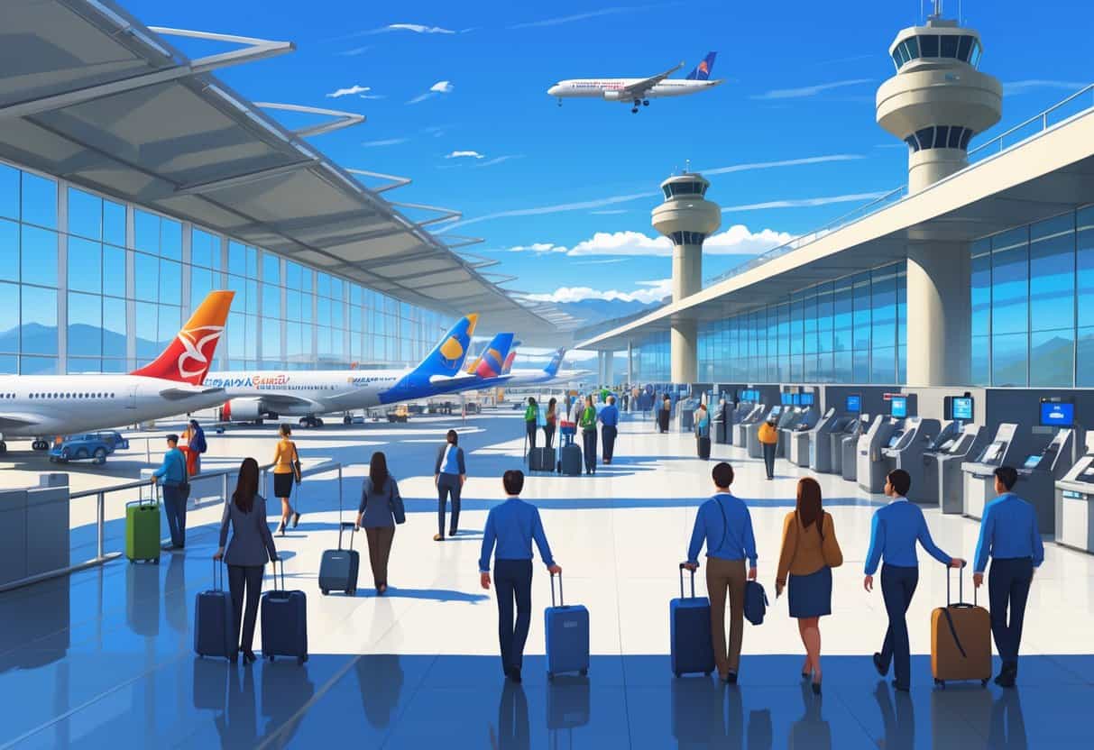 A busy international airport terminal with airplanes from various countries parked at gates, passengers walking inside, and a control tower outside under a clear sky.
