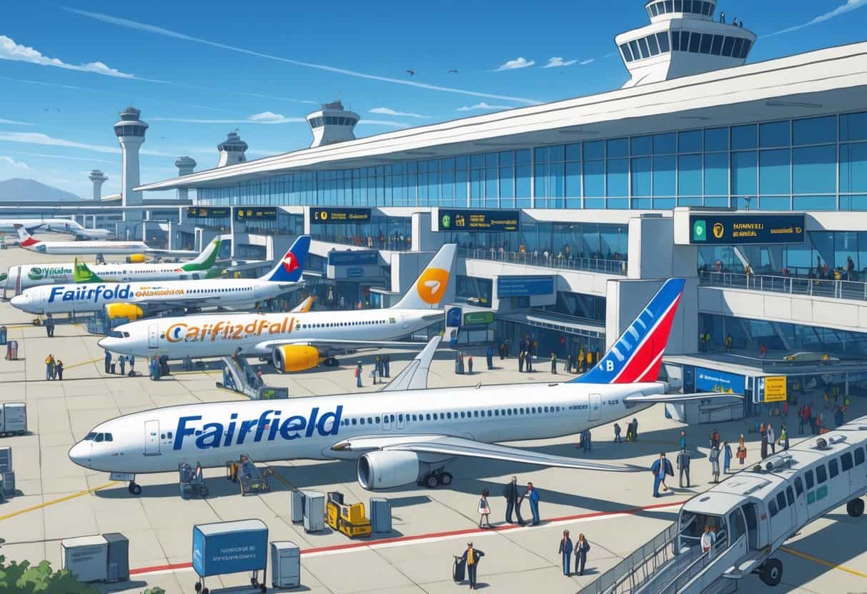 A busy airport terminal at Fairfield California Airport with various international airplanes parked and passengers moving through the terminal.