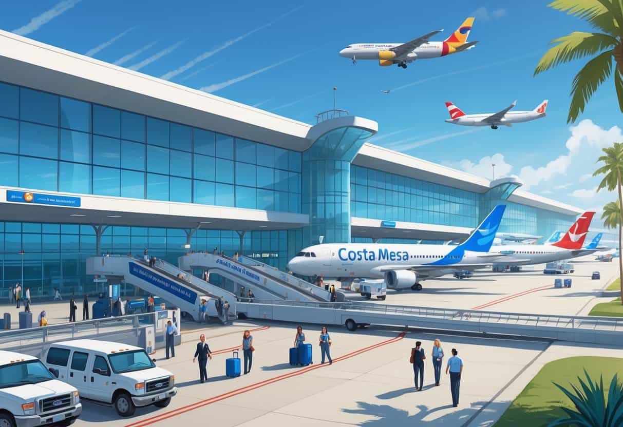 A busy international airport terminal at Costa Mesa, California with airplanes from various airlines parked at gates and travelers moving through the area.