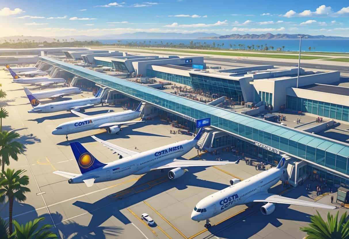 A busy airport terminal at Costa Mesa California with airplanes from international airlines parked at gates and passengers moving through the concourse.