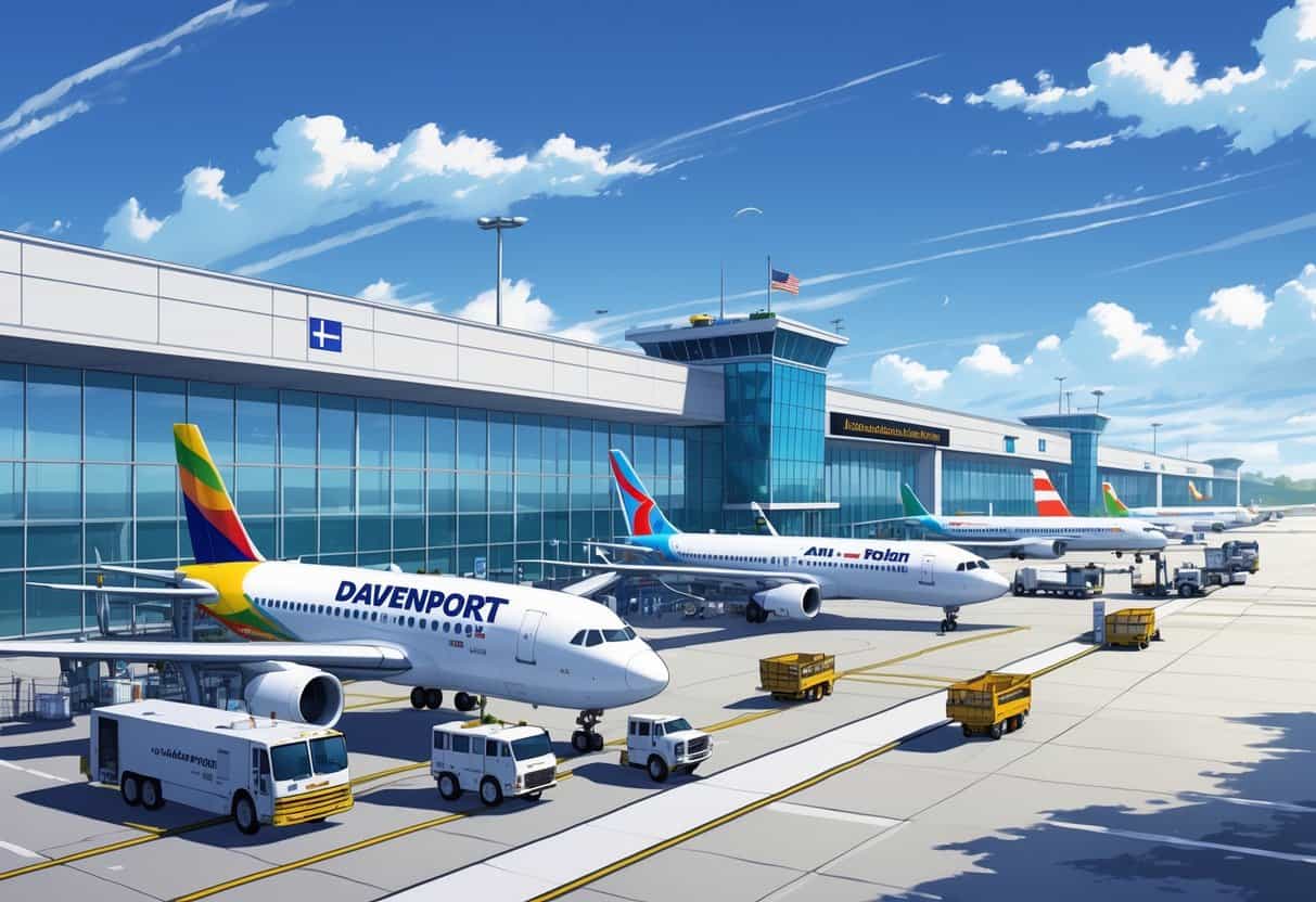 A busy airport terminal at Davenport Iowa Airport with several international airplanes parked and ground vehicles operating on the tarmac under a clear sky.