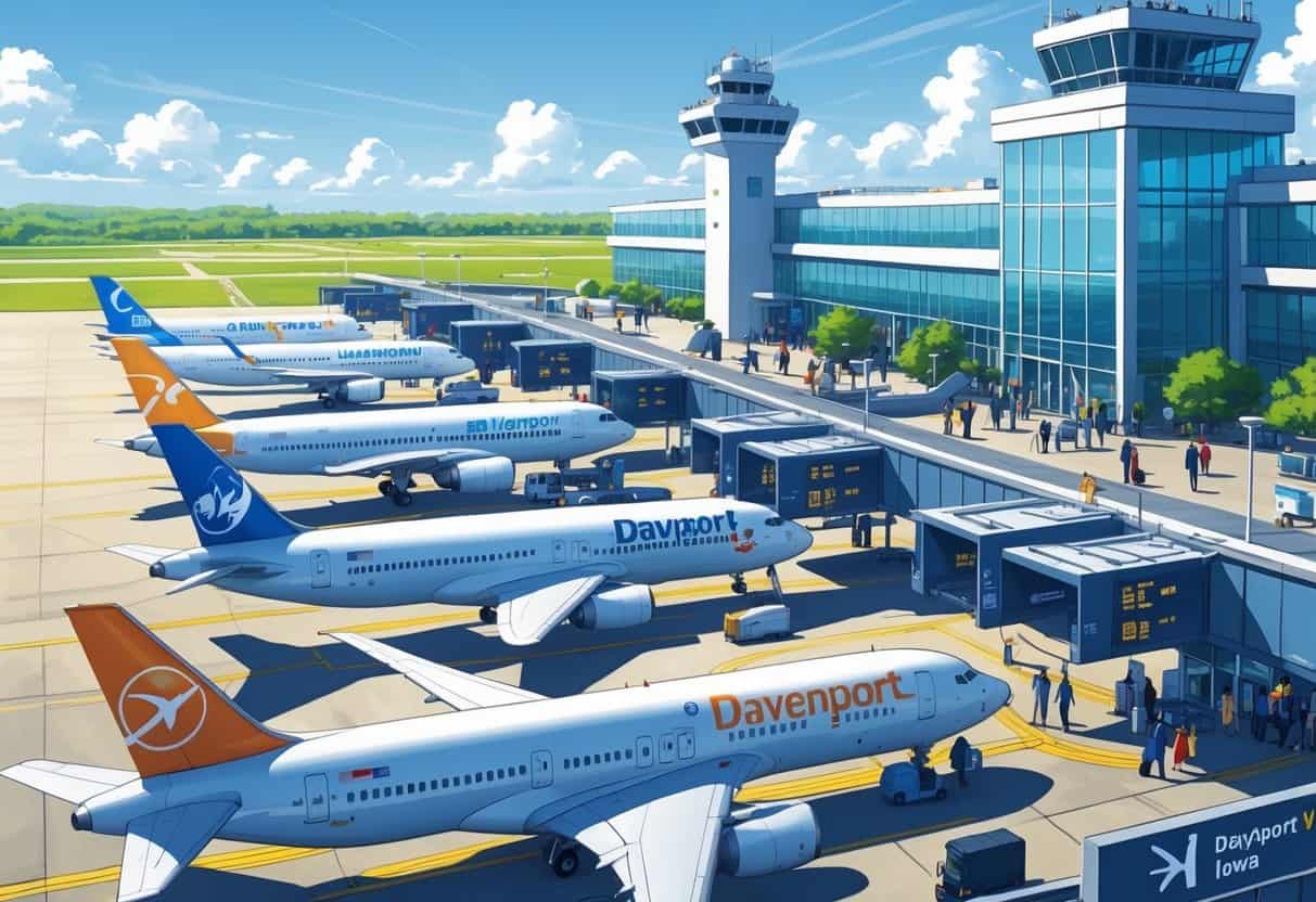 A busy international airport terminal with airplanes parked at gates, passengers walking with luggage, and airport staff assisting travelers.