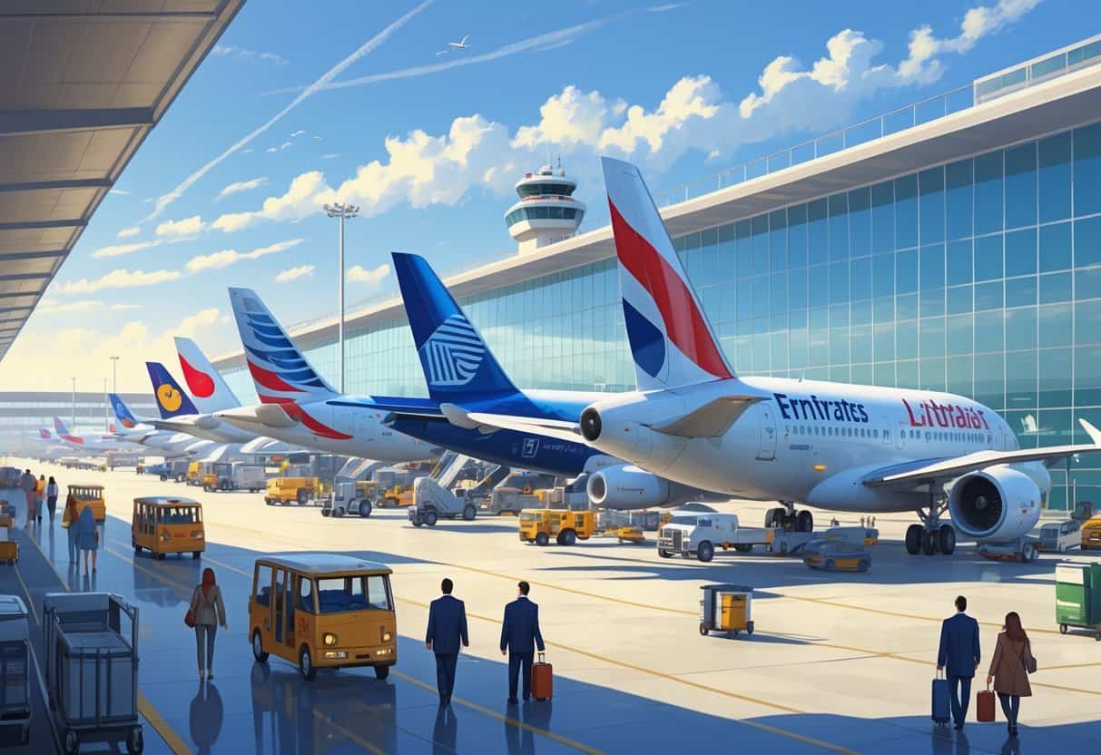 Airport terminal with several international airplanes parked outside and passengers walking with luggage.