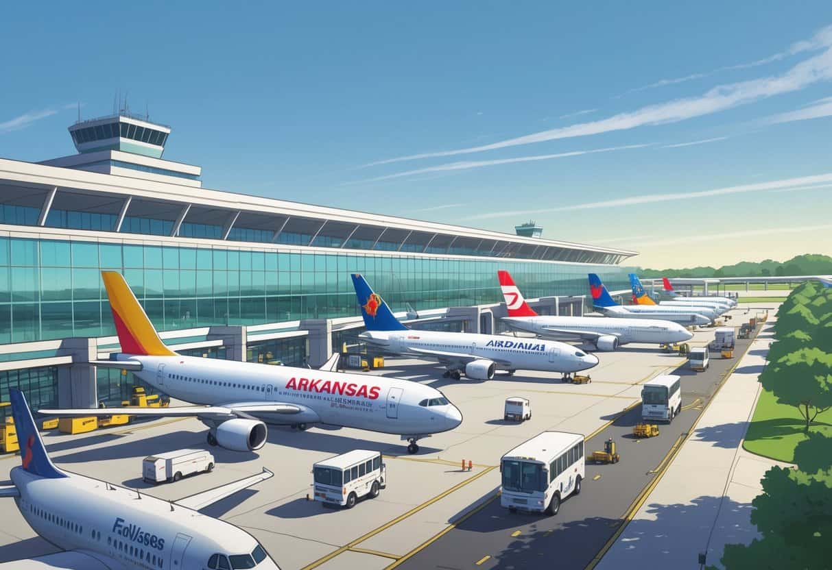 A busy Fayetteville Arkansas Airport with airplanes from international airlines parked at gates, passengers walking, and airport vehicles around the terminal.