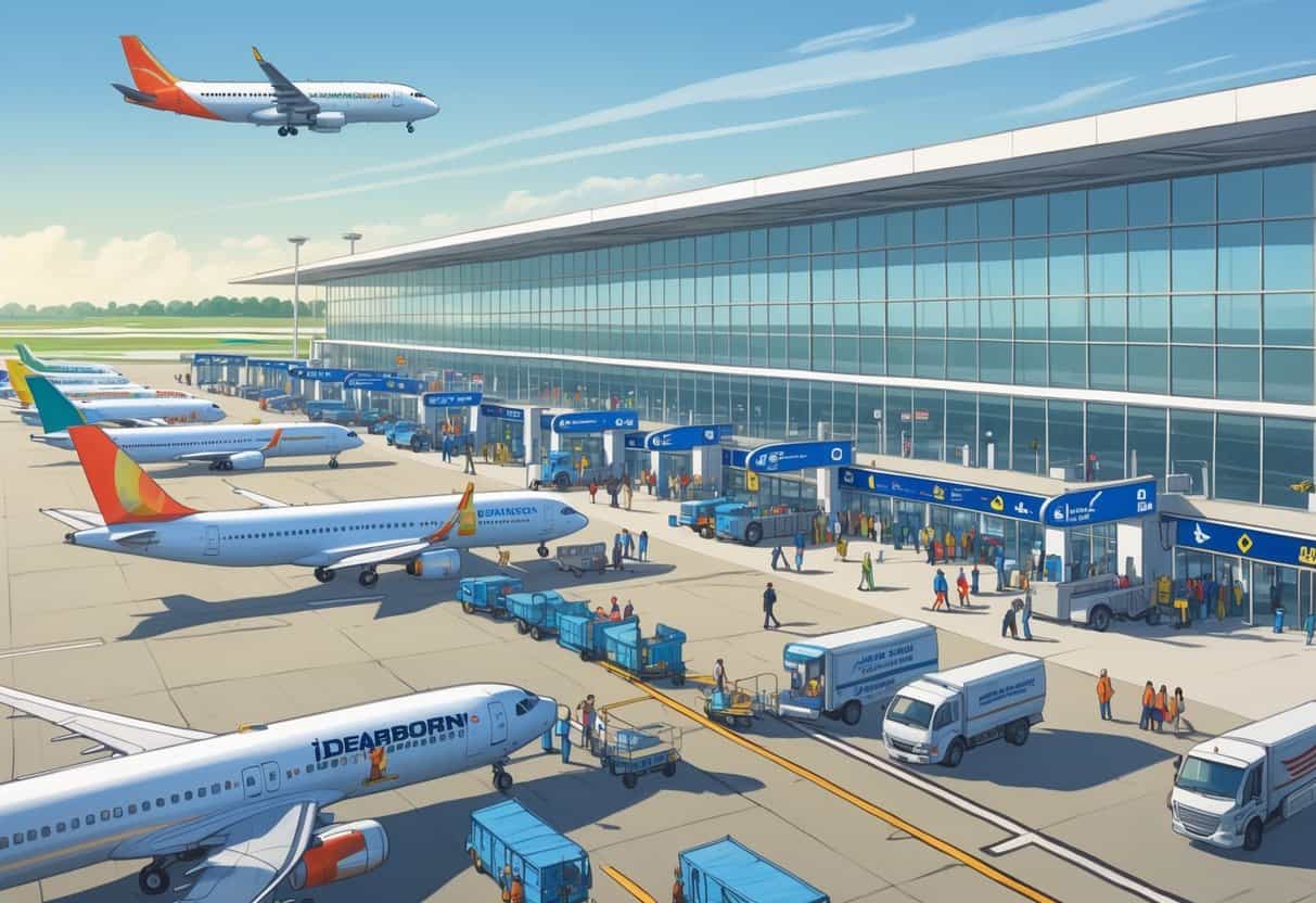 A busy international airport terminal with airplanes from various airlines parked at gates, passengers walking with luggage, and airport staff and vehicles on the tarmac.
