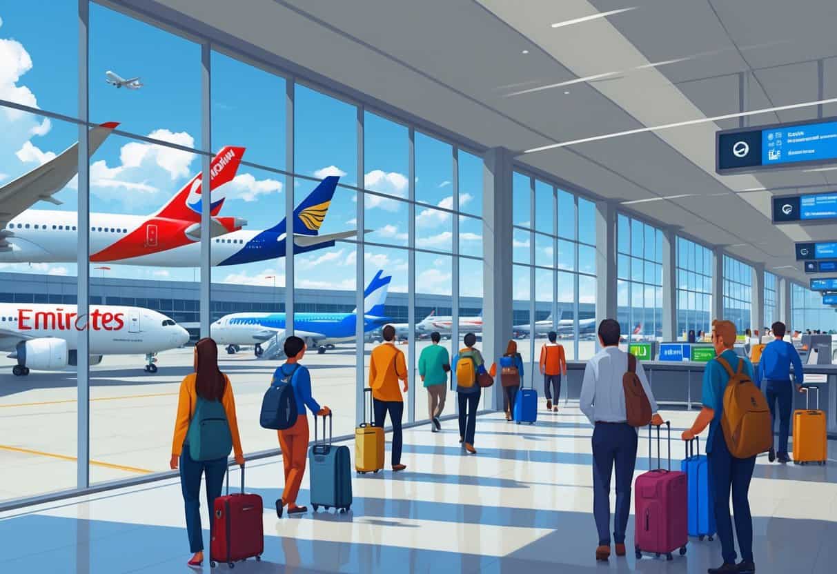 Interior view of Dayton Ohio Airport international terminal with airplanes from various international airlines outside and travelers moving inside.