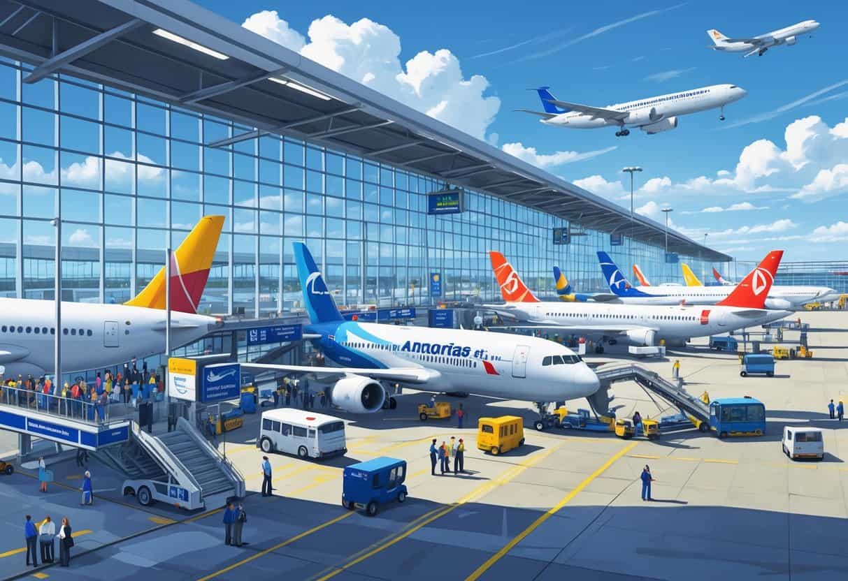 A busy airport terminal with airplanes from various international airlines parked at gates and travelers moving through the terminal.