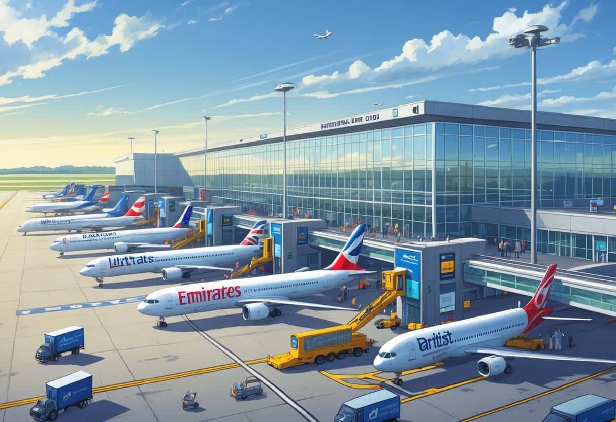 Overview of Dayton Ohio Airport with several international airplanes parked at gates and passengers walking near the terminal.