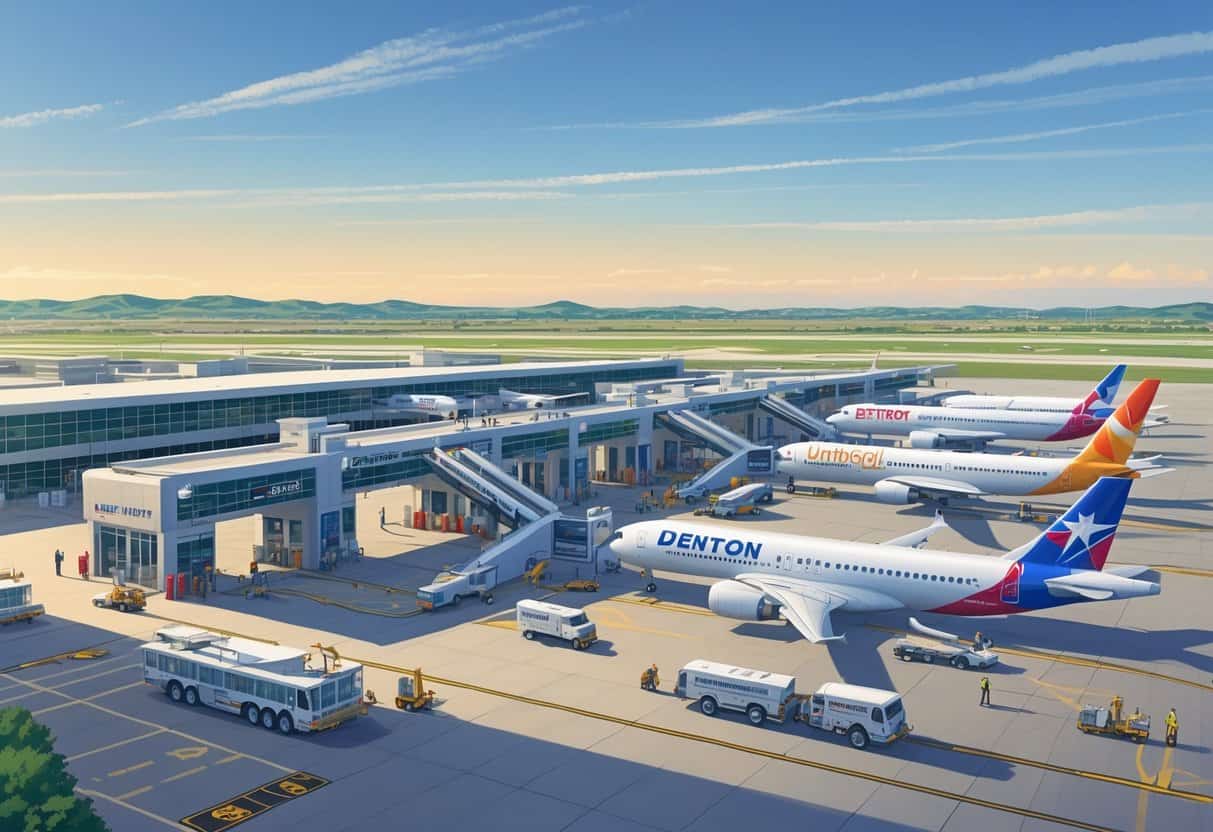 Overview of Denton Enterprise Airport showing multiple international airplanes parked at gates with ground vehicles and airport staff on the tarmac under a clear sky.