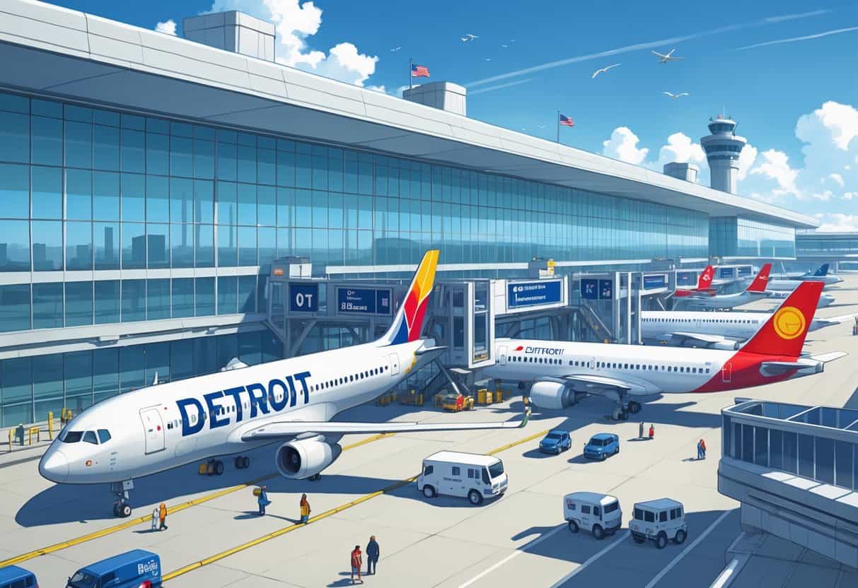 A busy international airport terminal at Detroit Michigan Airport with airplanes from various global airlines parked at gates and travelers moving through the area.