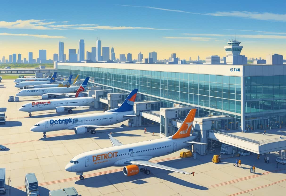 A busy international terminal at Detroit Metro Airport with several airplanes from different airlines parked at gates and passengers moving around the terminal.