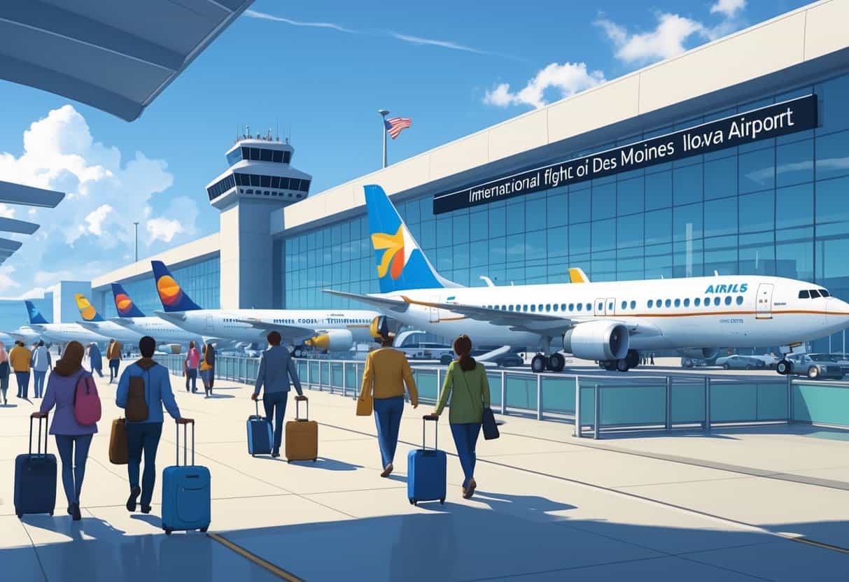 A busy airport terminal at Des Moines Iowa Airport with airplanes from international airlines parked at gates and travelers walking with luggage.