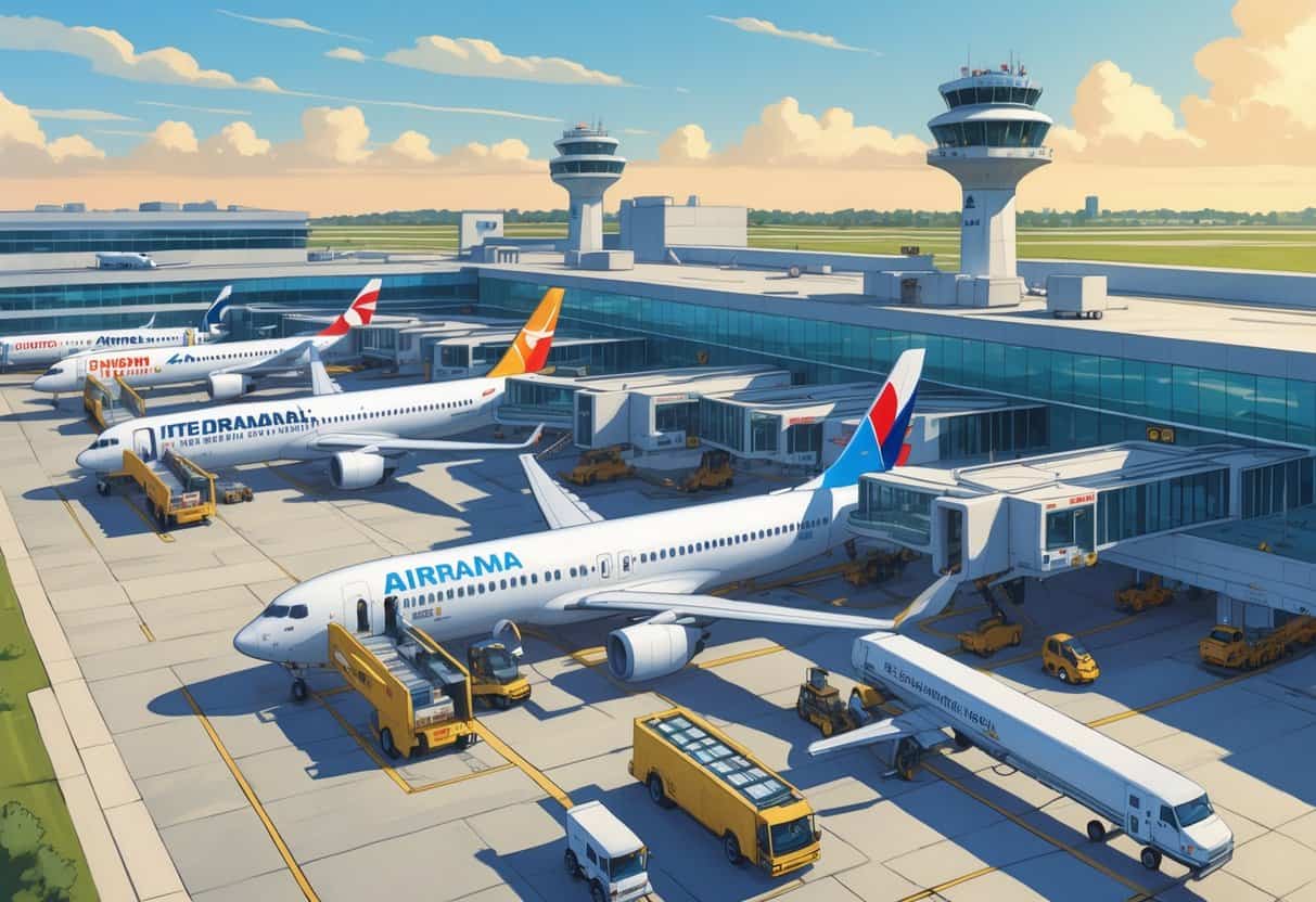 Overview of Des Moines Iowa Airport showing multiple international airplanes parked at gates with airport buildings and vehicles around.