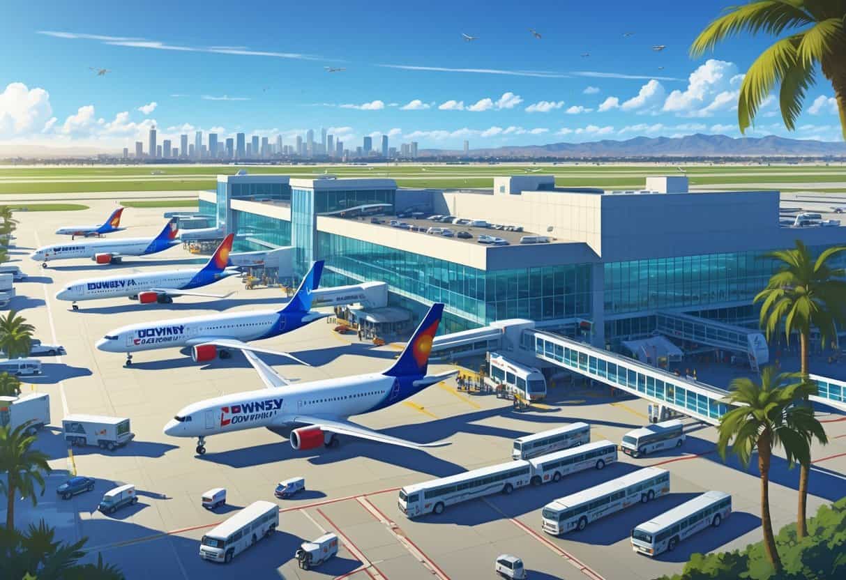An international airport terminal at Downey, California with airplanes at gates, travelers, and airport vehicles on a clear day.