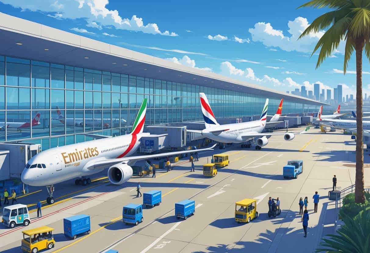 A busy airport scene with airplanes from top international airlines parked at gates and passengers moving around the terminal at Downey California Airport.