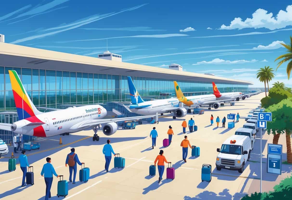 A busy international airport terminal with airplanes from different countries, passengers, and airport staff at Edinburg, Texas.