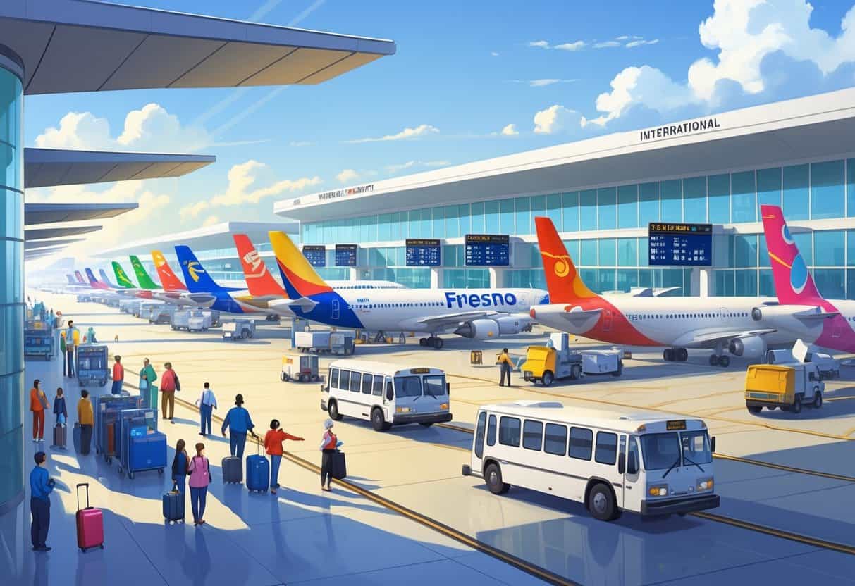A busy international terminal at Fresno California Airport with airplanes from various airlines, travelers, and airport staff.