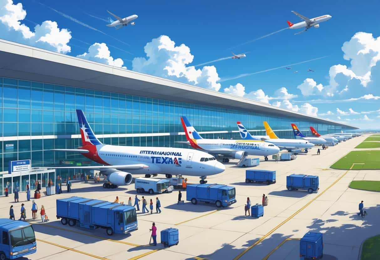 International airport terminal with airplanes from various airlines parked at gates, passengers walking, and airport vehicles on the tarmac under a clear sky.