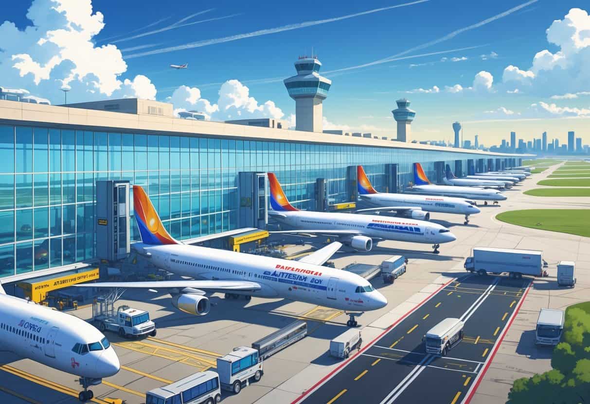 A busy international airport terminal in Edison, New Jersey with airplanes from various airlines parked at gates and ground service vehicles operating around them.