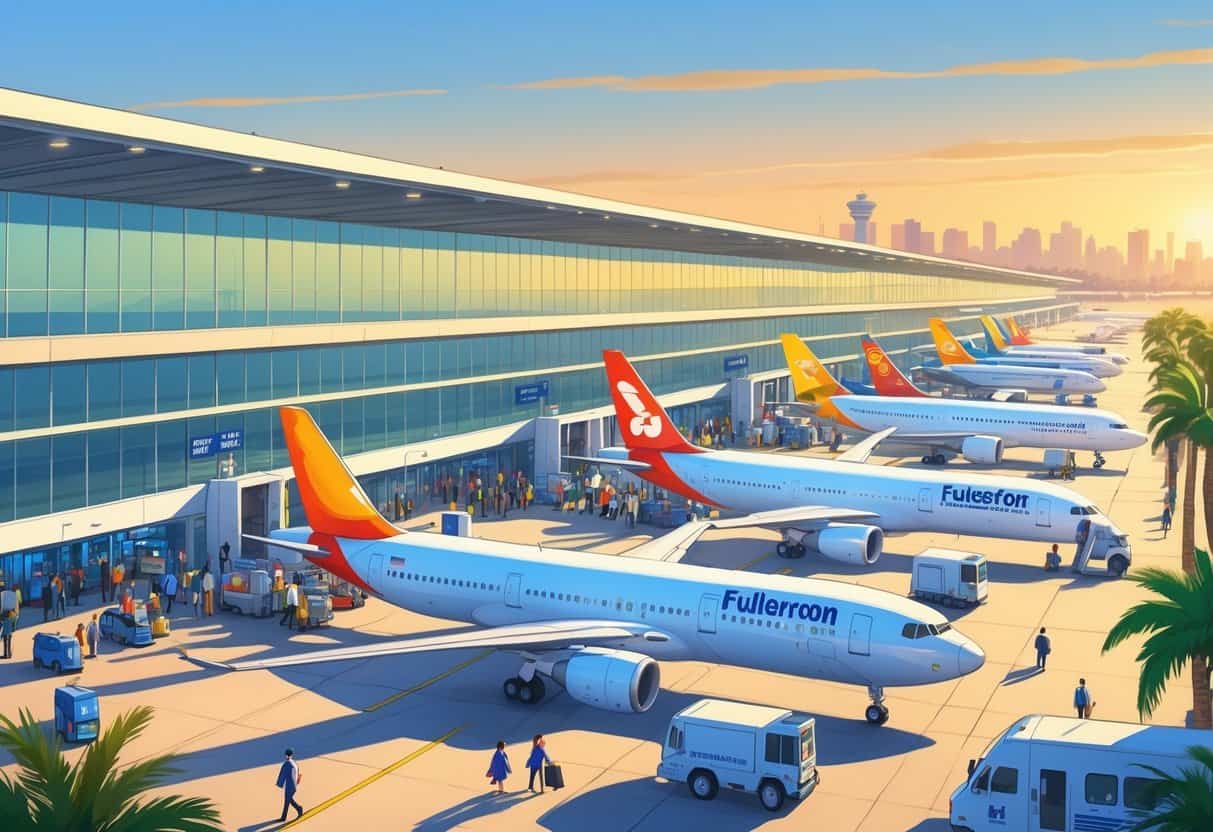 An international airport terminal at Fullerton, California, with airplanes from various airlines at gates, passengers walking with luggage, and airport staff and vehicles working under a clear sky.