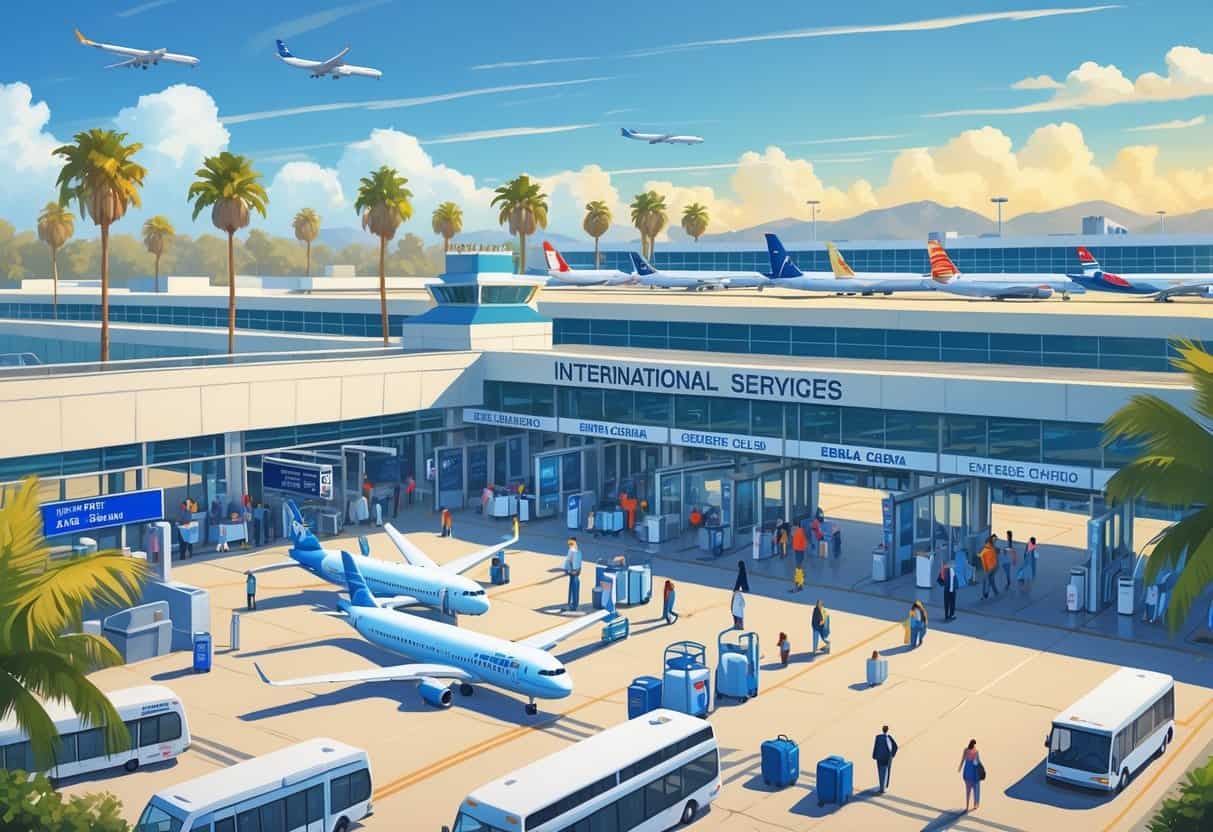 A busy international airport terminal with airplanes from various airlines parked at gates, passengers walking through the terminal, and palm trees outside under a clear blue sky.