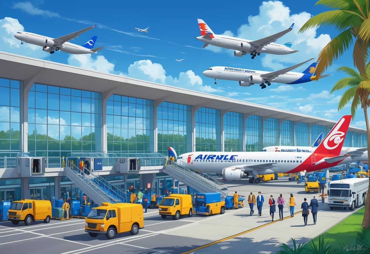 A busy airport terminal at Garden Grove California with multiple international airplanes parked, passengers walking, and airport staff working outdoors under a clear sky.