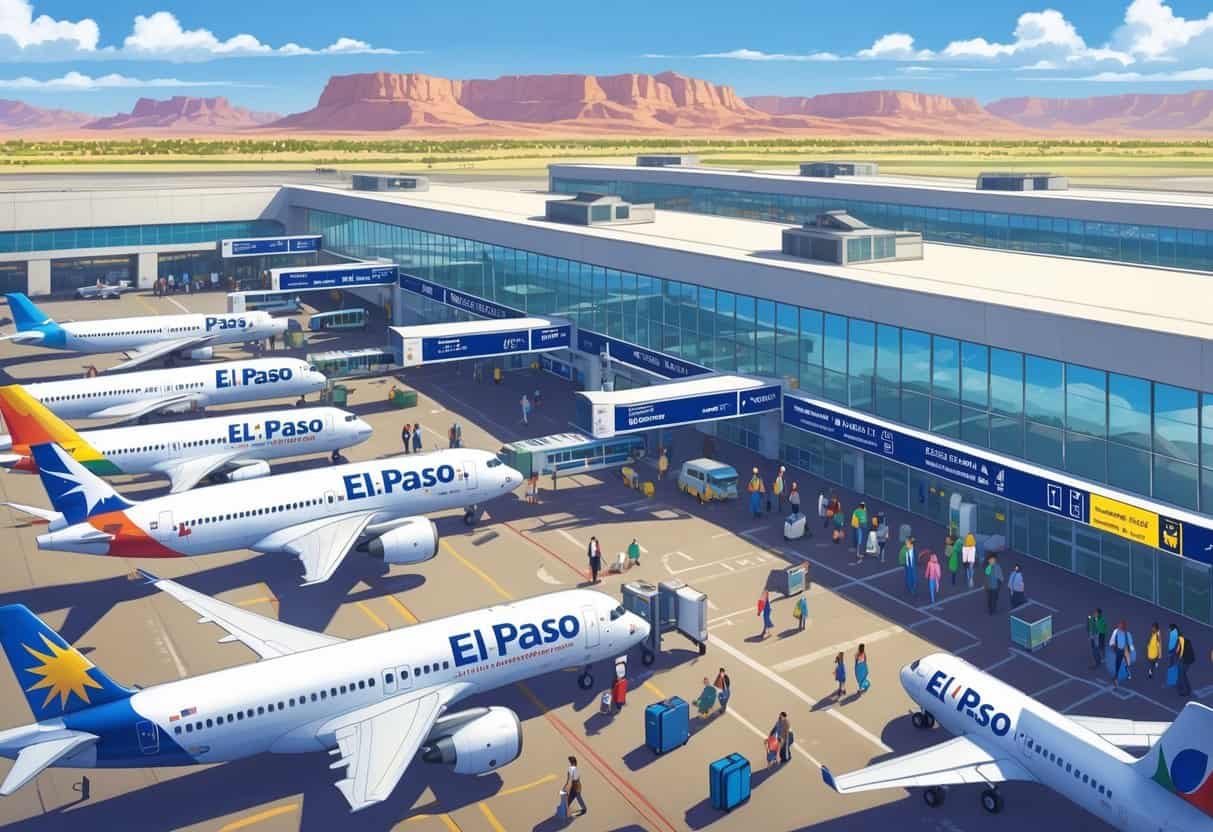 A busy international terminal at El Paso Texas Airport with airplanes from different airlines, travelers moving through the terminal, and desert landscape in the background.