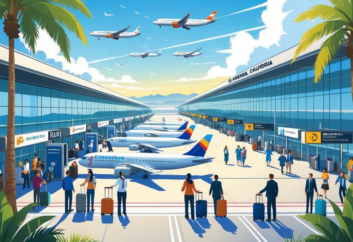 An international airport terminal with airplanes, travelers, and staff at El Monte, California, set against palm trees and mountains.