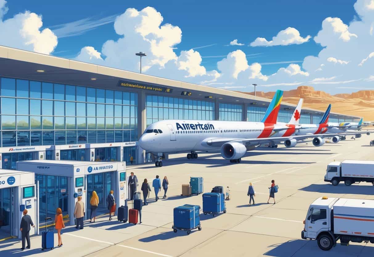 An international airport terminal at El Paso, Texas with airplanes from various global airlines parked at gates and passengers moving around the terminal area.