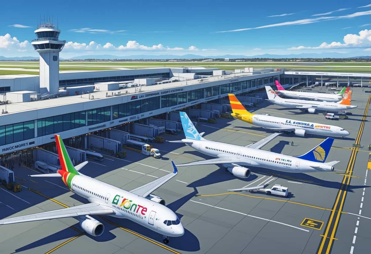 An airport scene showing multiple airplanes from different international airlines parked at gates with airport buildings and a control tower in the background.