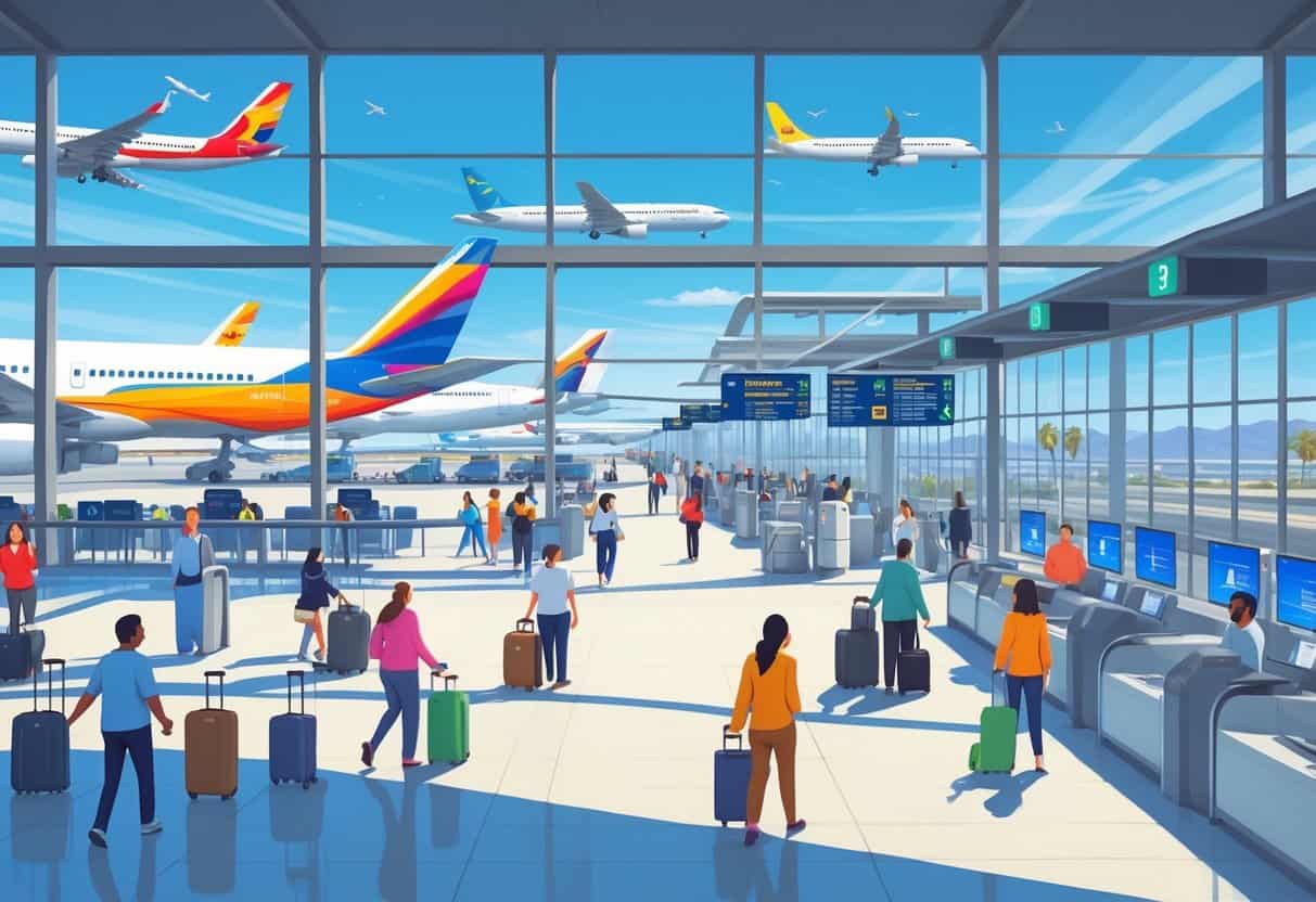 A busy international airport terminal with airplanes at gates, passengers walking and waiting, and staff assisting travelers, set in Gilbert, Arizona.