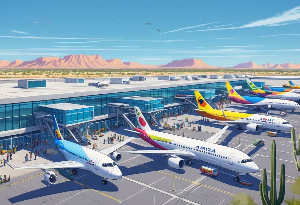 Overview of an international airport terminal in Gilbert, Arizona with several airplanes from different countries parked at gates and passengers moving around.