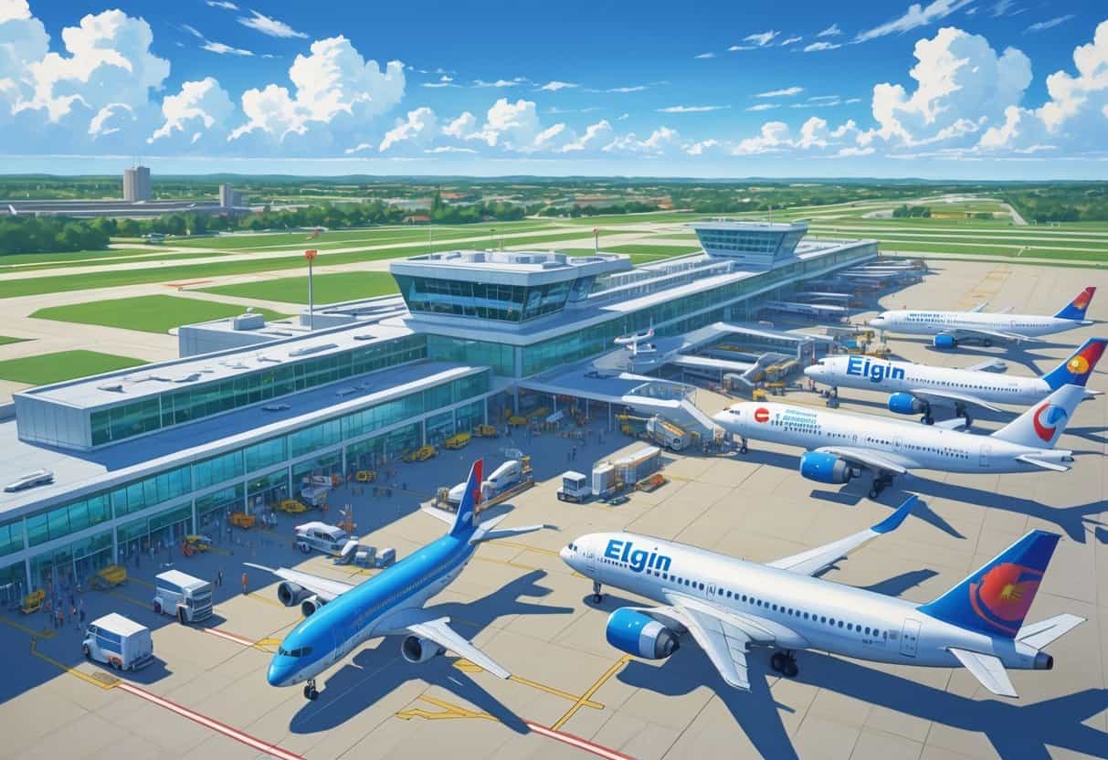 An airport terminal with several international airplanes parked at gates, passengers and ground vehicles around, with a city skyline in the background.