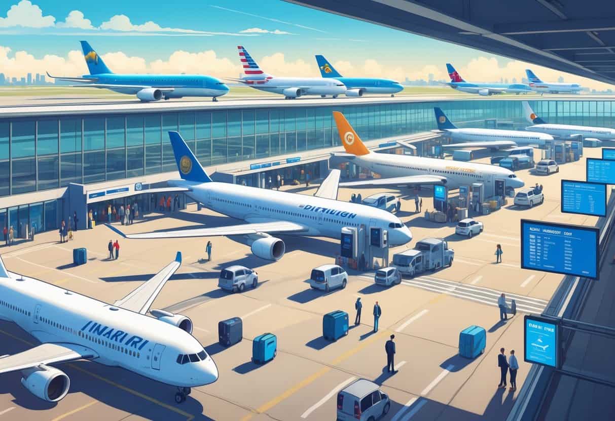 A busy airport terminal with international airplanes parked and passengers moving through the terminal under a clear sky.