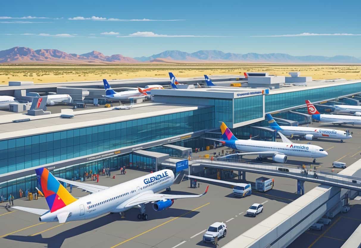 An international airport terminal with airplanes from various airlines parked at gates, passengers moving through the terminal, and desert mountains in the background.
